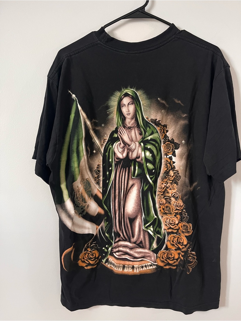 Vintage Black Graphic Virgin Mary Tee with Green Accents - Unbranded